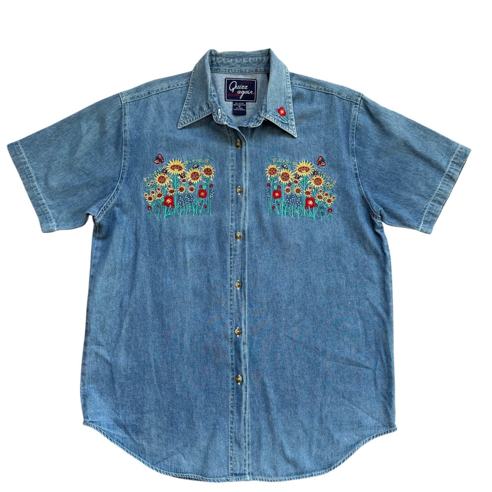 Quizz Again Vintage Denim Shirt Womens Medium Blue Embroidered Sunflower Floral‎